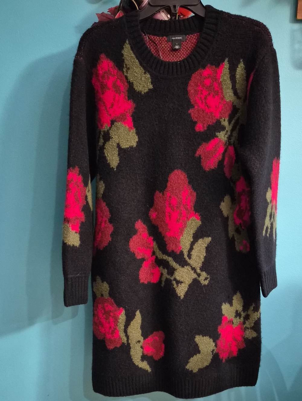 NWOT Halogen Black Crewneck Sweater Dress with Red Floral and Olive Leaves